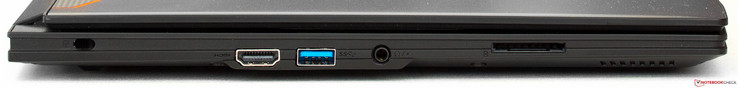 Lato Sinistro: Kensington lock, HDMI, USB 3.0, audio in/out, SD card