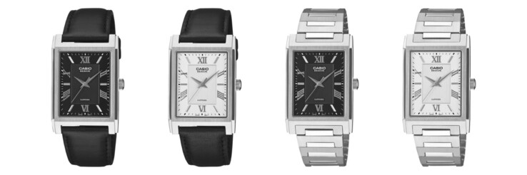 Da sinistra a destra: gli orologi Casio BMS-105D-1A, BMS-105D-7A, BMS-105L-1A e BMS-105L-7A