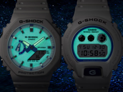 La serie Casio G-Shock Hidden Glow adotta un approccio luminoso con un'estetica bianca e blu accanto ai quadranti con lume. Nella foto da destra a sinistra - Casio DW-6900HDS-7A1 e Casio GA2100HDS-7A. (Fonte: Casio)