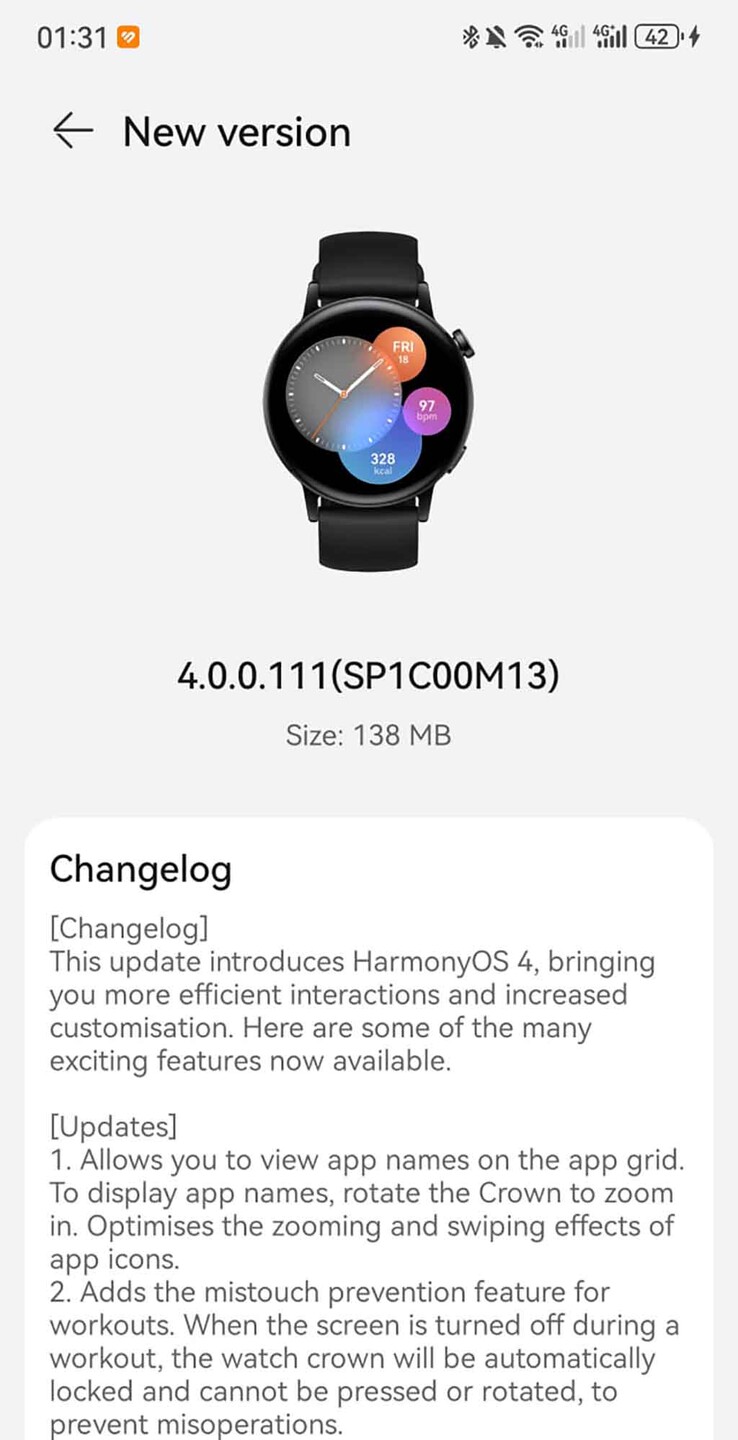 Una schermata dell'aggiornamento versione 4.0.0.111 (SP1C00M13) per Huawei Watch GT 3. (Fonte: Huawei Central)