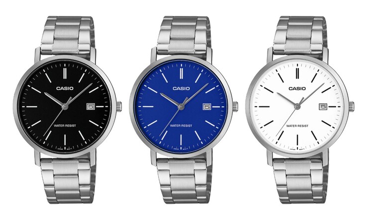 Da sinistra a destra: gli orologi Casio MTP-VT05D-1E, MTP-VT05D-2E e MTP-VT05D-7E