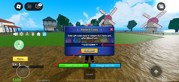 Inserisca il codice nel campo indicato (Fonte: Roblox)