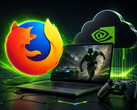 Portatile da gioco con un gioco visualizzato sullo schermo, con i loghi dei marchi Geforce Now e Firefox in alto