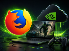 Portatile da gioco con un gioco visualizzato sullo schermo, con i loghi dei marchi Geforce Now e Firefox in alto