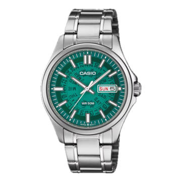 Casio /MTP-E740-3AV con un quadrante traslucido di colore verde acqua brillante.
