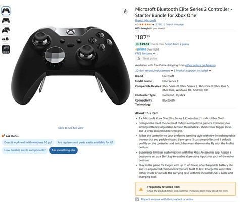 L'annuncio di Microsoft Elite Series 2 Controller su Amazon (fonte immagine: screenshot, Amazon)
