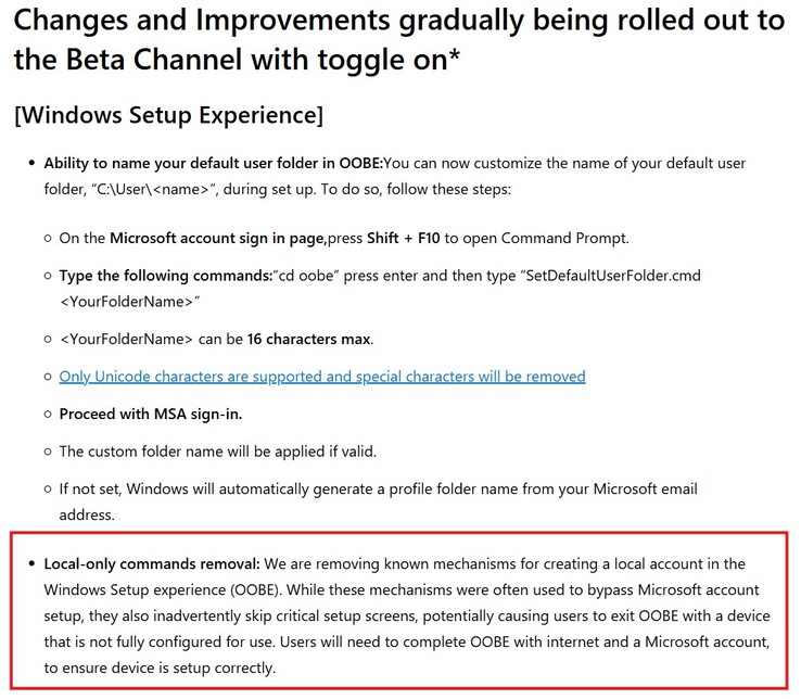La nuova restrizione aggiunta nella build beta di Windows 11 (fonte: Microsoft)