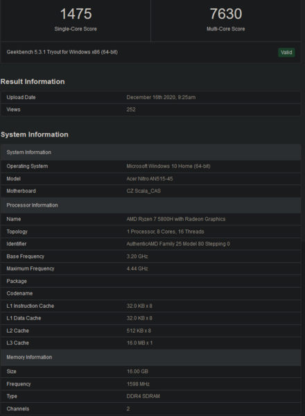 Punteggi Ryzen 7 5800H (Fonte Immagine: Geekbench)