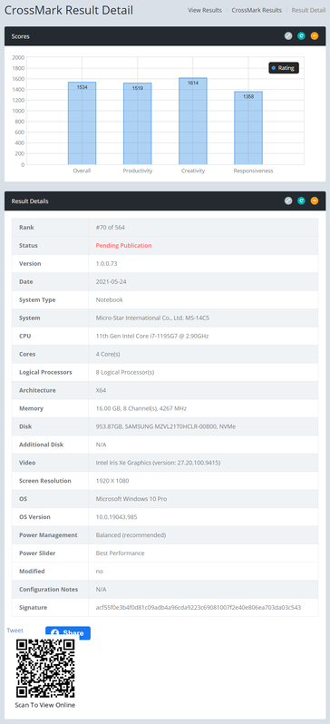 Prestazioni Intel Core i7-1195G7 CrossMark su un portatile MSI 14C5 non ancora uscito. (Fonte: BAPCo)