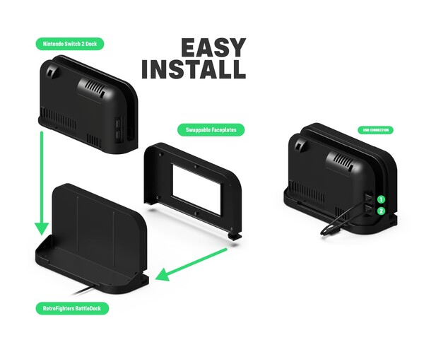 La BattleDock di Retro Fighter funziona con la dock ufficiale di Nintendo Switch 2. (Fonte: Retro Fighters/Kickstarter)