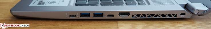 A destra: USB-C 3.1 Gen2, 2x USB-A 3.0, Thunderbolt 3, HDMI 2.0, Kensington Lock