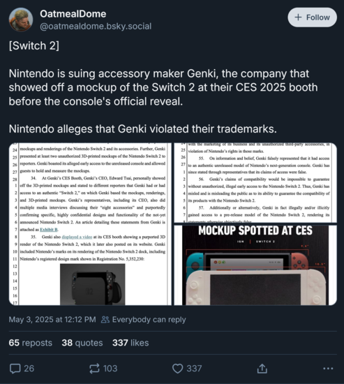 Post di Bluesky sulla causa di Nintendo Genki (Fonte immagine: account OatmealDome Blusky)