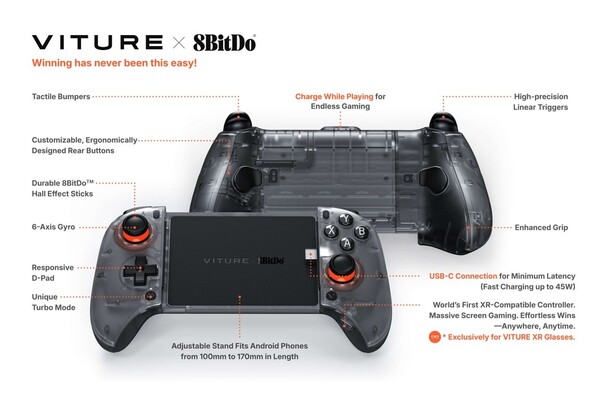 Viture x 8BitDo Ultimate Mobile Gaming Controller è dotato di una porta USB-C nella parte superiore per la ricarica passthrough. (Fonte: Viture)