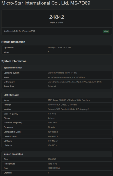 Punteggio Geekbench di AMD Ryzen 5 8600G (immagine via Geekbench)