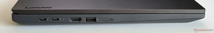 A sinistra: 2x USB-C 4.0 con Thunderbolt 4 (40 Gbps, DisplayPort 1.4a, Power Delivery), HDMI 2.1, USB-A 3.2 Gen. 1 (5 Gbps, Always-On), Nano-SIM