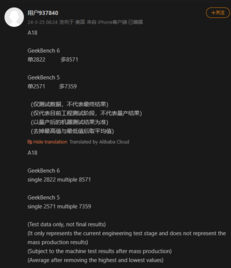 Presunto Apple A18 Pro Punteggio Geekbench (immagine via Weibo)