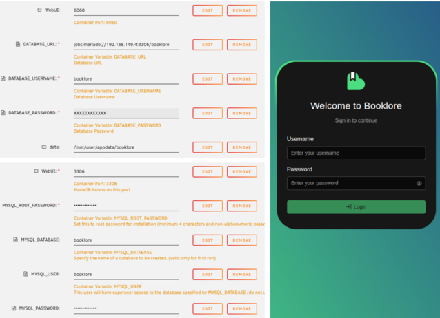 In alto a sinistra: Configurazione di Unraid per Booklore. In basso a sinistra: Configurazione Unraid per MariaDB. A destra: La pagina di login di Booklore (Fonte immagine: Notebookcheck)