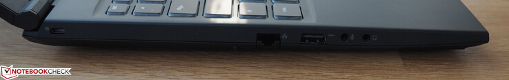 A sinistra: Kensington Lock, RJ45 LAN, USB 2.0 (Type A), microfono, cuffie