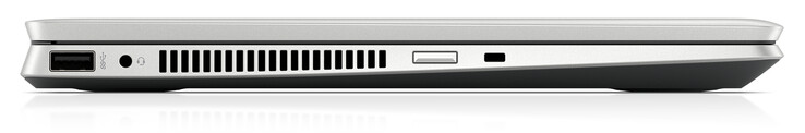 A sinistra: USB 3.2 Gen 1 (Type A), jack audio combinato, pulsante accensione, connettore per cable lock
