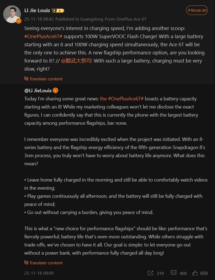 Li Jie Louis parla della batteria e della velocità di ricarica di OnePlus Ace 6T (Fonte immagine: Weibo - traduzione automatica)