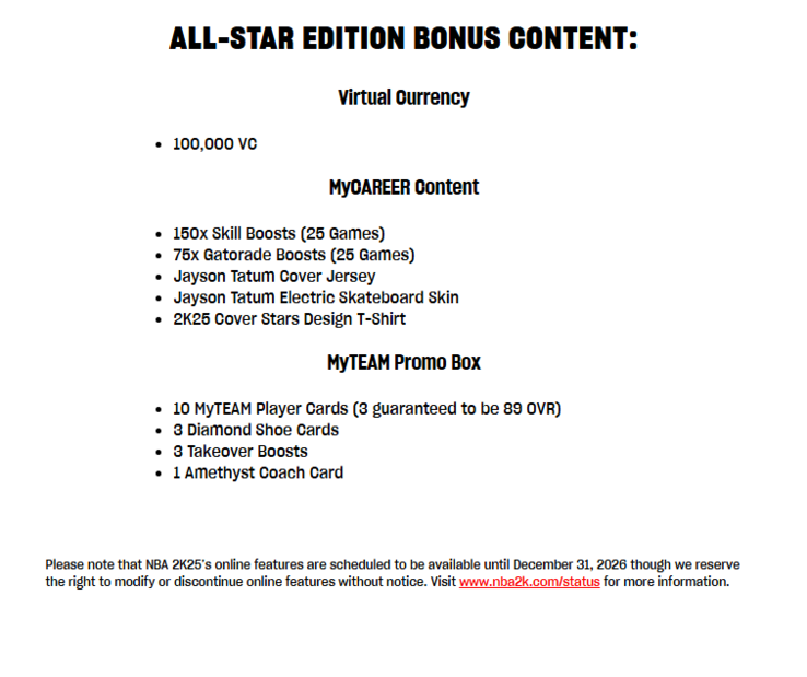 Uno screenshot del negozio ufficiale di NBA 2K. Un avviso in basso indica che EA si riserva il diritto di modificare o interrompere le funzionalità online senza preavviso.