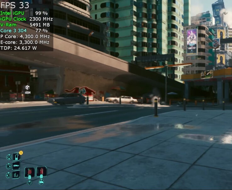 Cyberpunk 2077 in esecuzione sul mini PC Beelink EQi 304, con una media di circa 33 FPS grazie al processore Intel Core 3 304 e alla scheda grafica integrata Intel Xe.