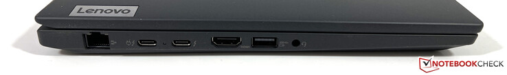 A sinistra: Gigabit Ethernet, 2x USB-C 4.0 con Thunderbolt 4 (40 Gbit/s, DisplayPort modalità ALT 1.4, Power Delivery 3.0), HDMI 2.1, USB-A 3.2 Gen.1 (5 Gbit/s, alimentata), porta stereo da 3,5 mm