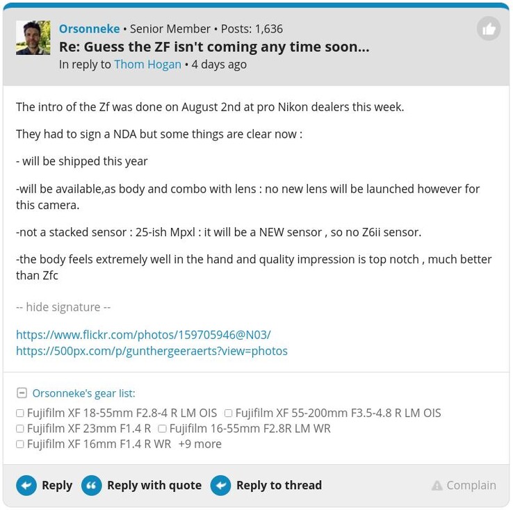 Uno screenshot della presunta conferma della Nikon Zf sul forum di DPReview. (Fonte: DPReview)