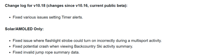 Le note di rilascio per la versione beta 10.18 per gli smartwatch Garmin Instinct 3. (Fonte: Garmin)