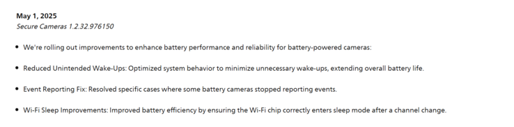 Le note di rilascio per l'aggiornamento Philips Hue Secure Cameras 1.2.32.976150. (Fonte: Philips)