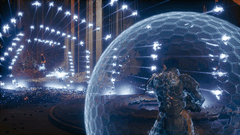 Arjun Devraj dispiega lo Scudo Soltari contro un'ondata di proiettili in arrivo su Carcosa.