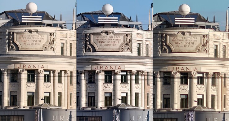 confronto tra i ritagli dello zoom 20x: A sinistra: Oppo con obiettivo esterno. Al centro: Vivo senza obiettivo esterno. A destra: Oppo senza obiettivo esterno.