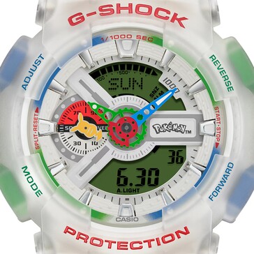 Primo piano del quadrante del G-Shock GA-110 a tema Pokémon, che mostra la lancetta a forma di Pikachu e il logo Pokémon.