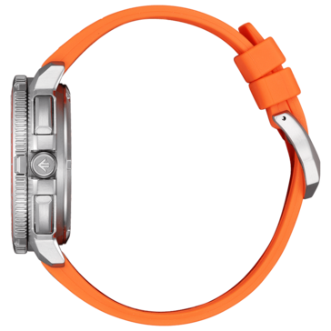 Immagine di profilo laterale del prodotto Citizen Promaster Wave Tracker JV3000-13E che mostra la cassa in acciaio inossidabile, la lunetta girevole testurizzata, i pulsanti e il cinturino in gomma arancione.