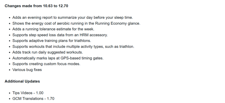 Il registro delle modifiche della versione software 12.70 per lo smartwatch Garmin Venu X1. (Fonte: Garmin)