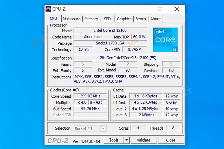 Informazioni Intel Alder Lake-S Core i3-12100 CPU-Z. (Fonte immagine: XFastest)