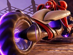 Samus di Metroid Prime 4: Beyond sulla sua bicicletta Vi-O-La. (Fonte: Nintendo of America su YouTube, screenshot)