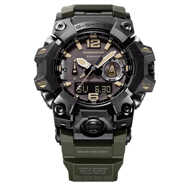 Primo piano del quadrante del G-Shock Mudmaster GWG-B1000-1A3 che mostra indici delle ore color cuoio, lancette luminescenti, un display digitale e indicatori della bussola.