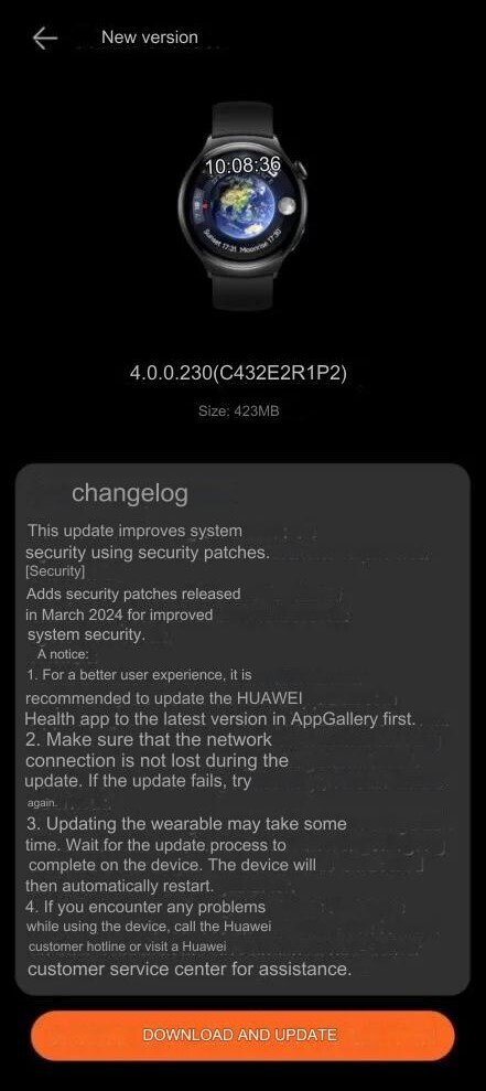 Il registro delle modifiche per la patch di sicurezza di marzo 2024 per Huawei Watch 4 Pro. (Fonte immagine: Huaweiblog.de via Google Translate)