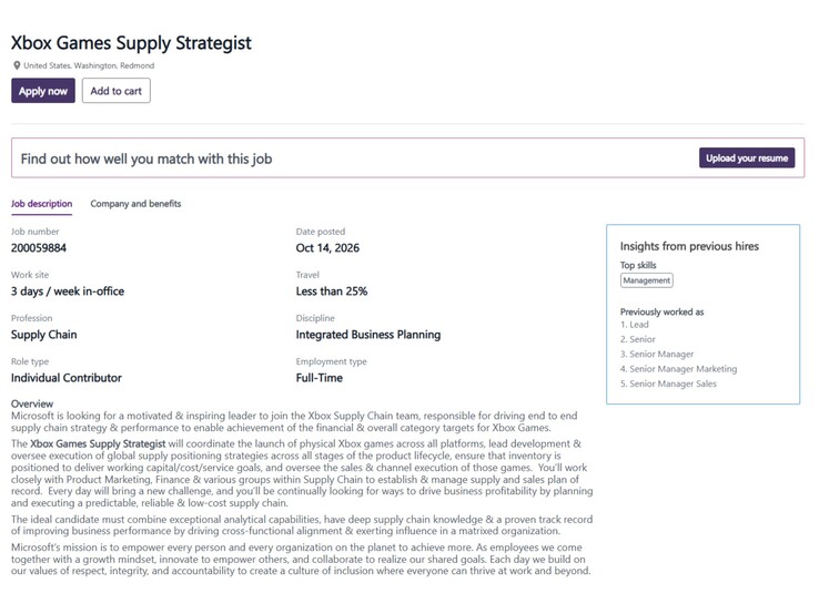 Uno screenshot della sezione dedicata alle carriere del sito ufficiale di Microsoft che mostra una posizione aperta per un Xbox Games Supply Strategist.