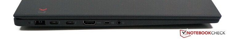 A sinistra: connettore alimentazione Slim Tip, 2x Thunderbolt 3 (USB 3.1 Gen 2 Type-C), HDMI 2.0, mini-Ethernet, jack da 3.5 mm