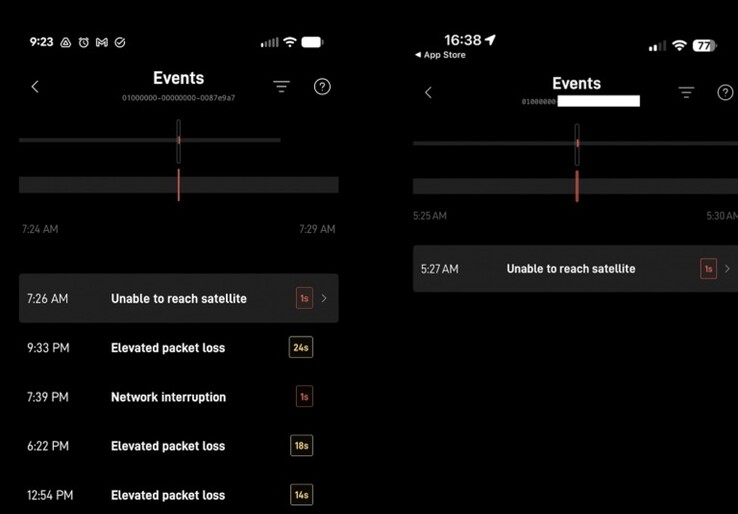 Il nuovo Registro eventi nell'applicazione Starlink. (Fonte immagine: SpaceX via Brian Westover/Tim Belfall)