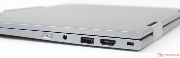 A destra: Pulsante di accensione, audio da 3,5 mm, USB 3.2 Gen 1 (5 Gbit/s), HDMI 2.1, Slot di sicurezza Kensington Nano