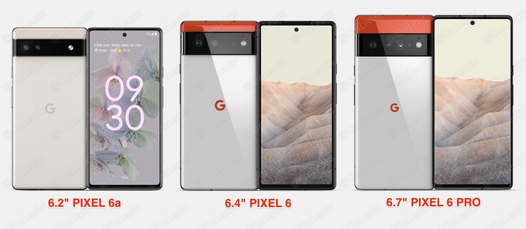 Il Pixel 6a accanto al Pixel 6 e al Pixel 6 Pro. (Fonte immagine: @OnLeaks)