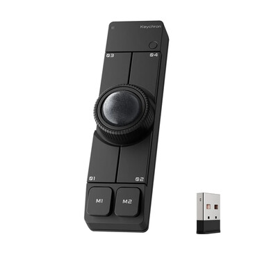Mouse trackball wireless Keychron Nape Pro di colore nero, corredato da un dongle USB di tipo A