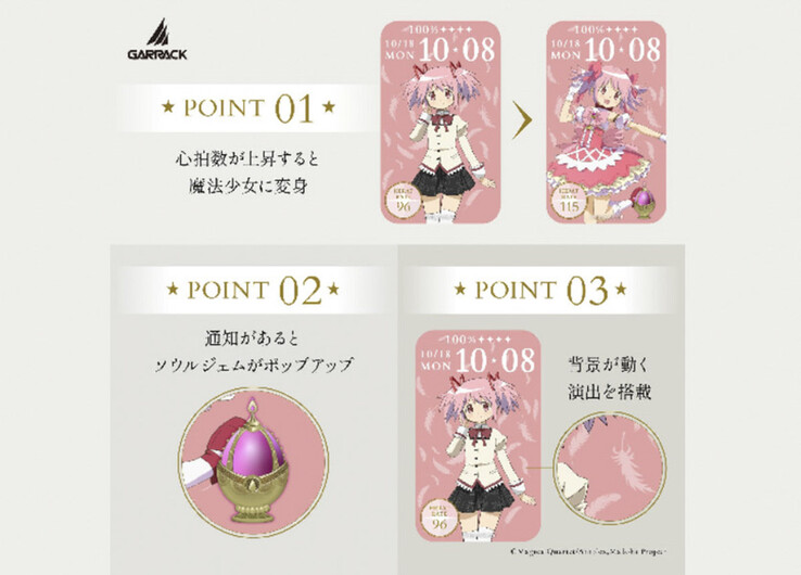 Il quadrante dello smartwatch di Madoka Kaname si trasforma nella sua forma di ragazza magica all'aumentare della frequenza cardiaca, come mostrano le letture di 96 e 115 bpm.