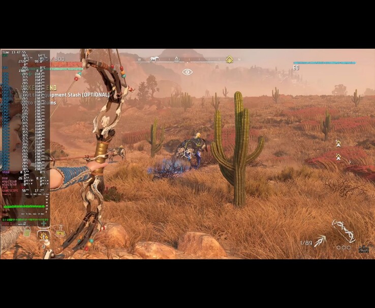 Schermata di gioco di Horizon Zero Dawn Remastered in esecuzione su Bazzite OS con Framework Desktop PC, che mostra la sovrapposizione delle prestazioni di gioco (fonte: ETA PRIME via YouTube)