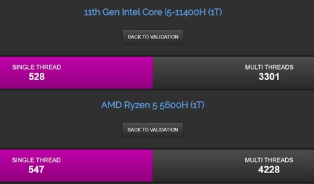 Intel Core i5-11400H contro Ryzen 5 5600H. (Fonte immagine: CPU-Z Validator)