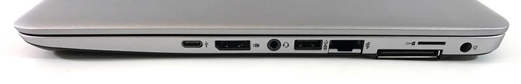 Lato destro: USB-C Gen.1, DisplayPort 1.2, lettore SD-card (non visibile), audio 3.5 mm, USB 3.0, RJ45, porta docking, Micro-SIM, alimentazione
